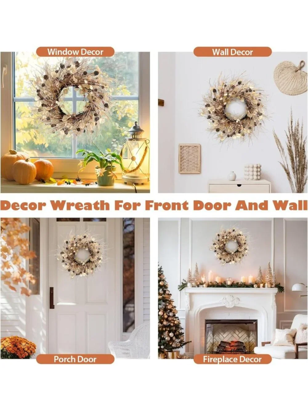 24-Inch Autumn Wreath for Front Door Decor with Pinecones & Red Berries